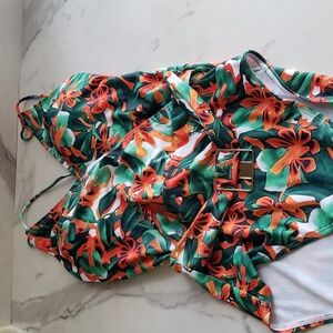 Grace Karin Halter One Piece Swimsuit Deep V Neck Green & Red Floral Pattern S